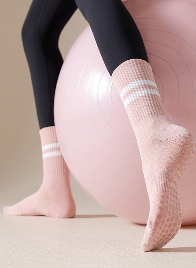 Yoga Socks, Mid-Calf Cotton Socks, Non-Slip Silicone Indoor Fitness Towel Bottom Socks, Women's Sports Socks Pink, Suitable For Fitness, Pilates, And Sports - Image 1