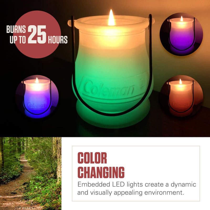 Coleman Color Changing LED Citronella Outdoor Scented Candle, 25+ Hours Burn Time, Festive Color Effects, Glass Holder with Metal Handle - Image 3