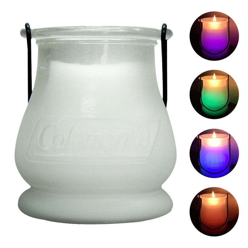 Coleman Color Changing LED Citronella Outdoor Scented Candle, 25+ Hours Burn Time, Festive Color Effects, Glass Holder with Metal Handle - Image 1