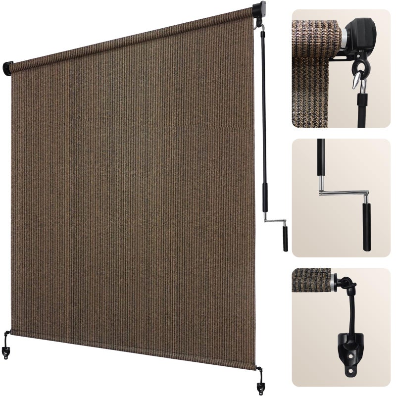 Artpuch Outdoor Roller Shade 7' W x 8' H, Mocha Exterior Cordless Patio Shades Roll Up Blinds with Spliced Pole Design, (2 Poles, One-Piece Fabric) - Image 1