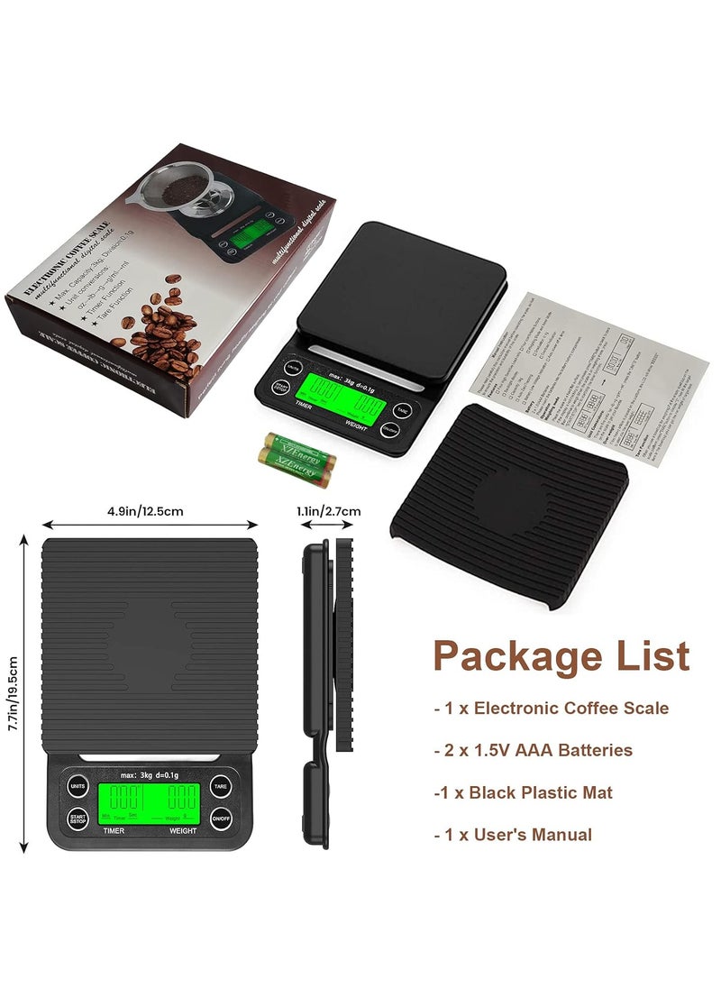 Multifunctional Electronic Digital Coffee Scale with Timer High Precision Weight -0.1 to 3000g for Kitchen