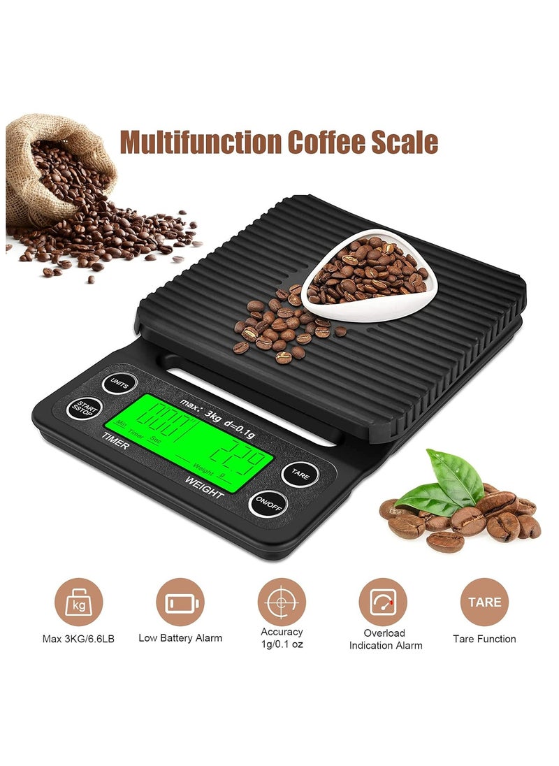 Multifunctional Electronic Digital Coffee Scale with Timer High Precision Weight -0.1 to 3000g for Kitchen