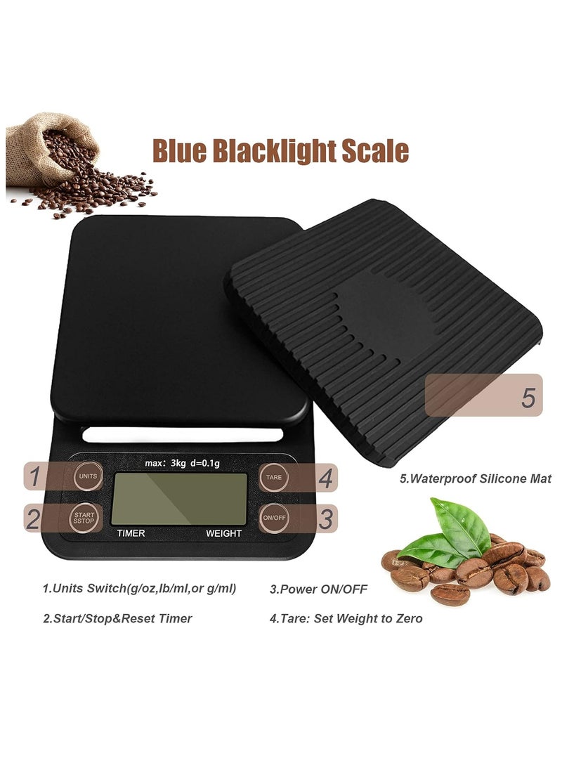 Multifunctional Electronic Digital Coffee Scale with Timer High Precision Weight -0.1 to 3000g for Kitchen