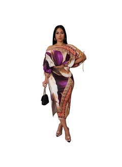 Generic K10796 Womens Fashionable Off-The-Shoulder Side Slit Skirt Suit European And American Style Printing Positional Vestido Purple 