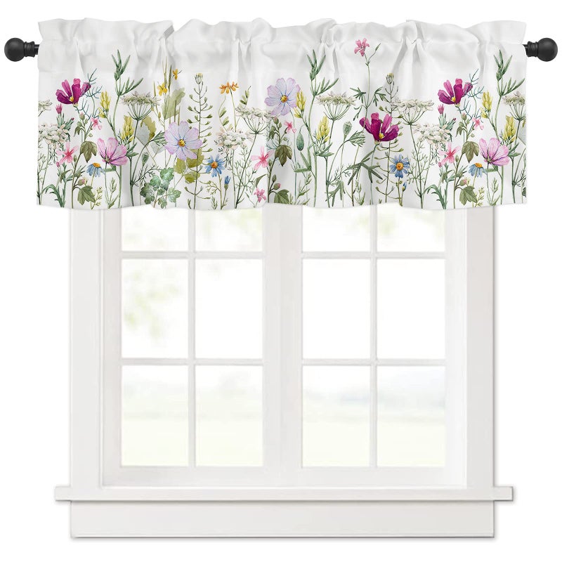 YOKOU Curtain Valance  Wildflowers Spring Watercolor Flower Floral Print Plants Short Rod Pocket Window Treatment for Living Room  Bedroom  Kitchen  Bathroom  1 Panel  54"" W x 18"" L - Image 1