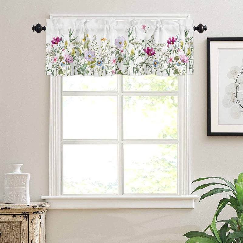 YOKOU Curtain Valance  Wildflowers Spring Watercolor Flower Floral Print Plants Short Rod Pocket Window Treatment for Living Room  Bedroom  Kitchen  Bathroom  1 Panel  54"" W x 18"" L - Image 3