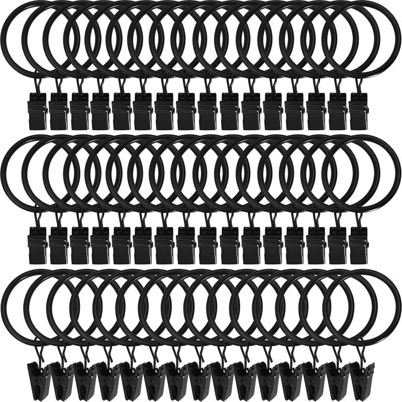LLPJS 60 Pack Metal Curtain Rings with Clips Curtain Clip Rings Hooks for Hanging Drapery Drapes Bows Curtain Rod Rings 15 inch Interior Diameter Black
