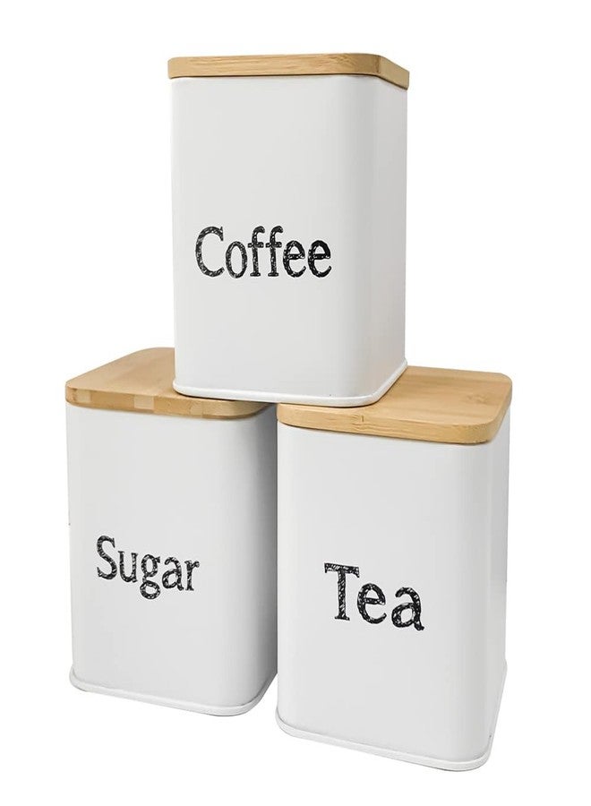 SOTECH Kitchen Storage Jars 3 pcs White Coffee Sugar Tea Containers Set Square Metal Farmhouse Canister with Lid - Image 1