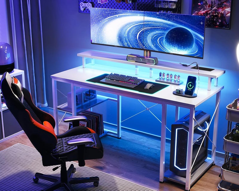 Coleshome Gaming Desk with Shelves and Monitor Stand, White, 120x50cm - Image 2