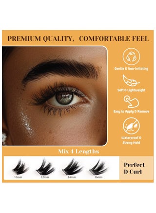 Self Adhesive Eyelashes Clusters Kit, False Eyelashes D Curl Pre Glued Lash Clusters Wispy Lashes Kit with Tweezers for Beginners, Press On Glueless Lash Extension Kit 10 to 16mm ,100PCS - view 5