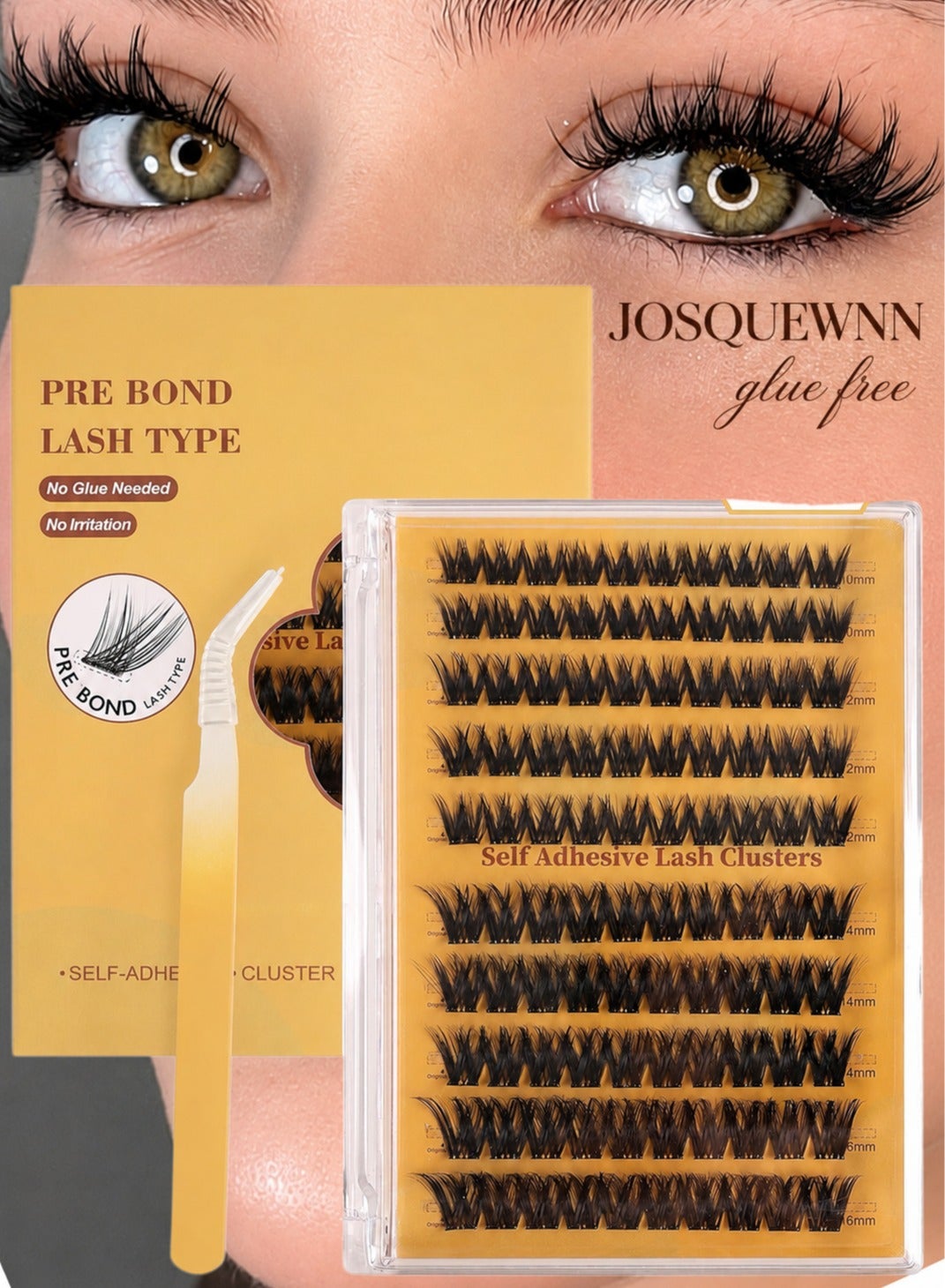 Self Adhesive Eyelashes Clusters Kit, False Eyelashes D Curl Pre Glued Lash Clusters Wispy Lashes Kit with Tweezers for Beginners, Press On Glueless Lash Extension Kit 10 to 16mm ,100PCS