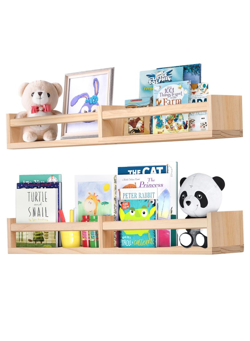XiuWoo Wall Mounted Nursery Room Shelves Set of 2,Natural Wood Floating Book Shelves for Kids Room, Baby Book Shelf for Nursery, Kitchen Spice Rack  - Image 1