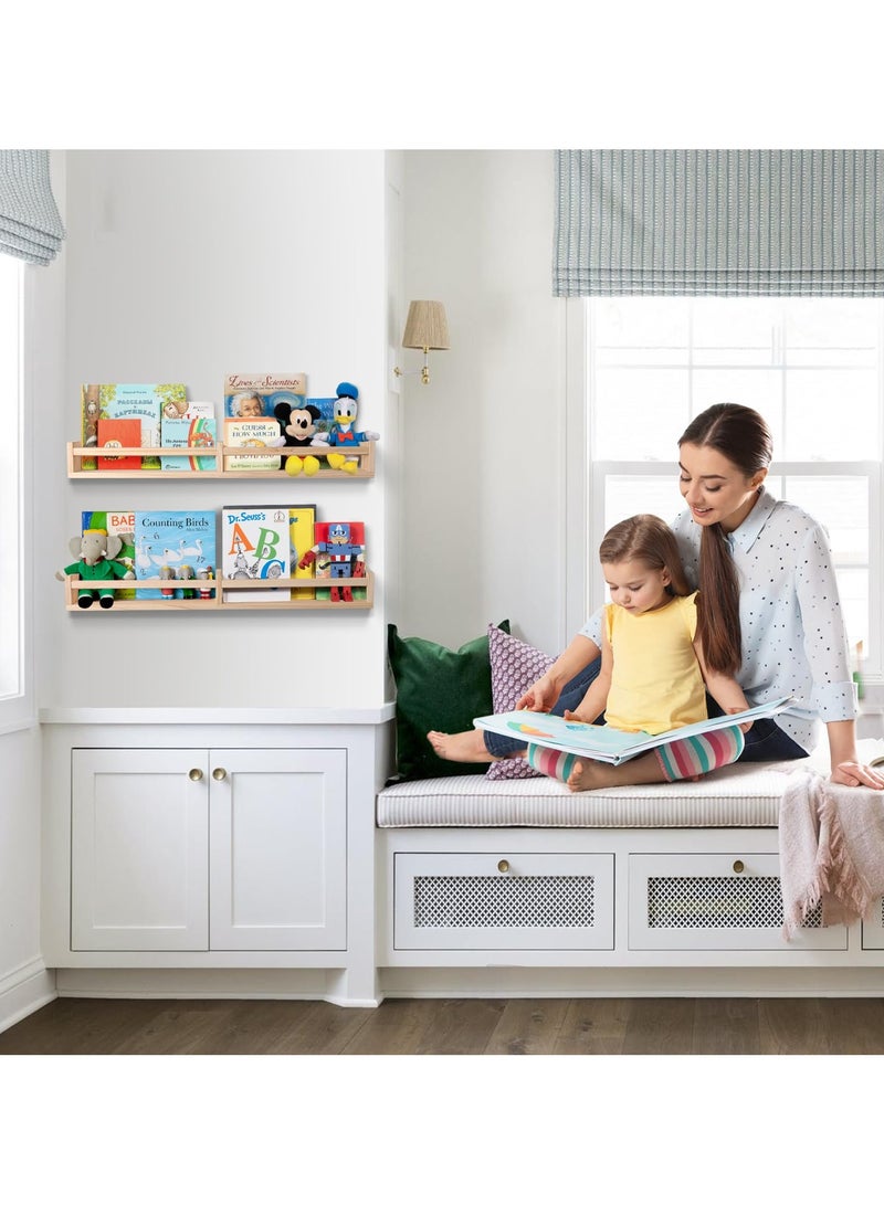 XiuWoo Wall Mounted Nursery Room Shelves Set of 2,Natural Wood Floating Book Shelves for Kids Room, Baby Book Shelf for Nursery, Kitchen Spice Rack  - Image 2