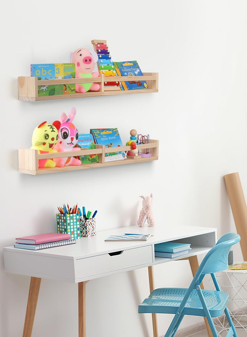 XiuWoo Wall Mounted Nursery Room Shelves Set of 2,Natural Wood Floating Book Shelves for Kids Room, Baby Book Shelf for Nursery, Kitchen Spice Rack  - Image 3