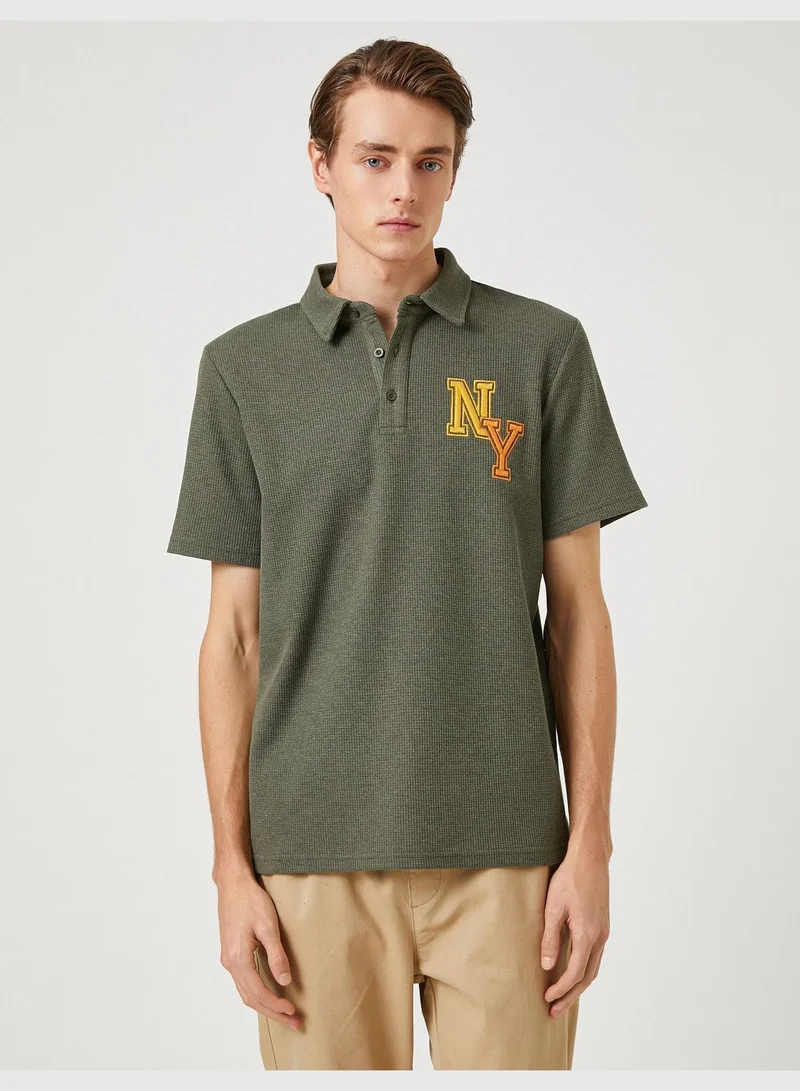 كوتون Varsity T-Shirt Polo Neck Button Detailed Embroidered