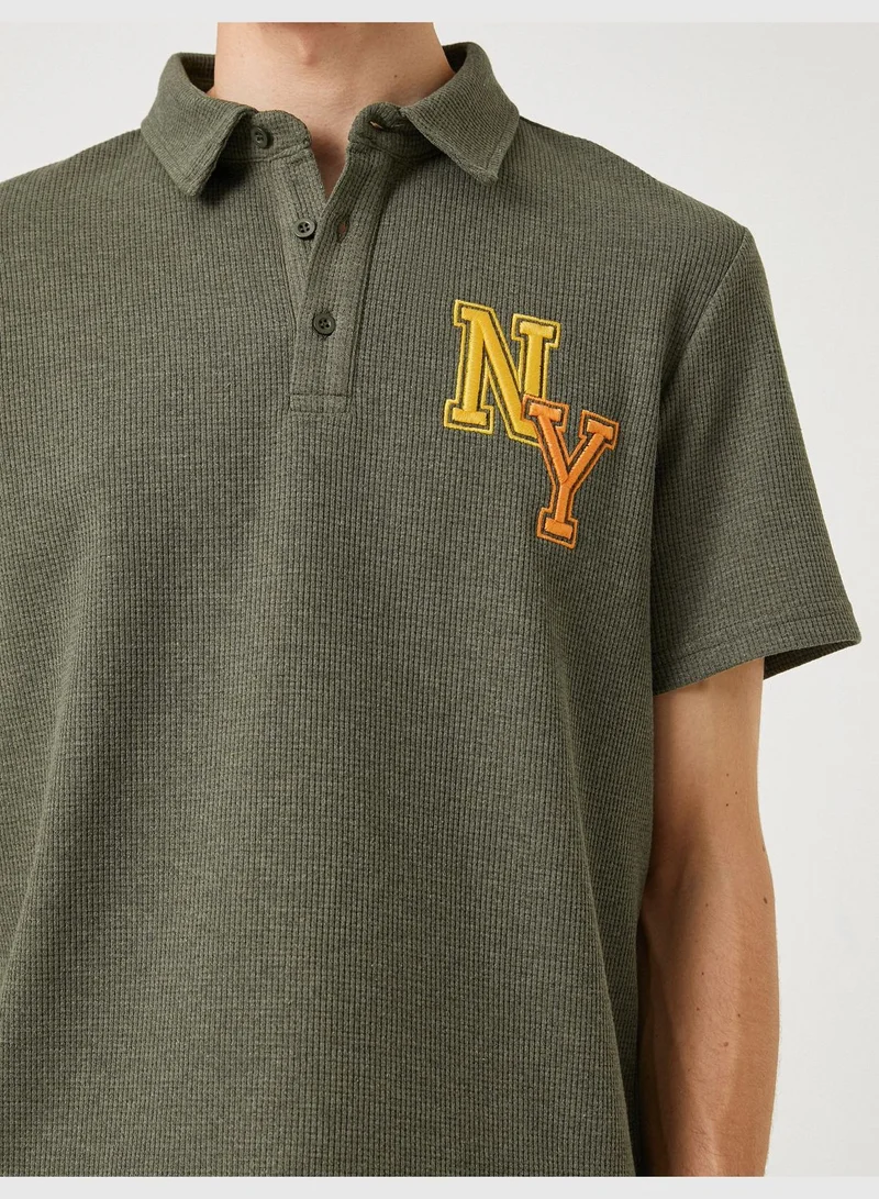 كوتون Varsity T-Shirt Polo Neck Button Detailed Embroidered