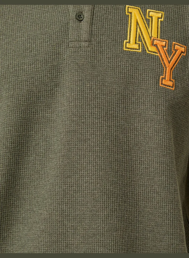 كوتون Varsity T-Shirt Polo Neck Button Detailed Embroidered