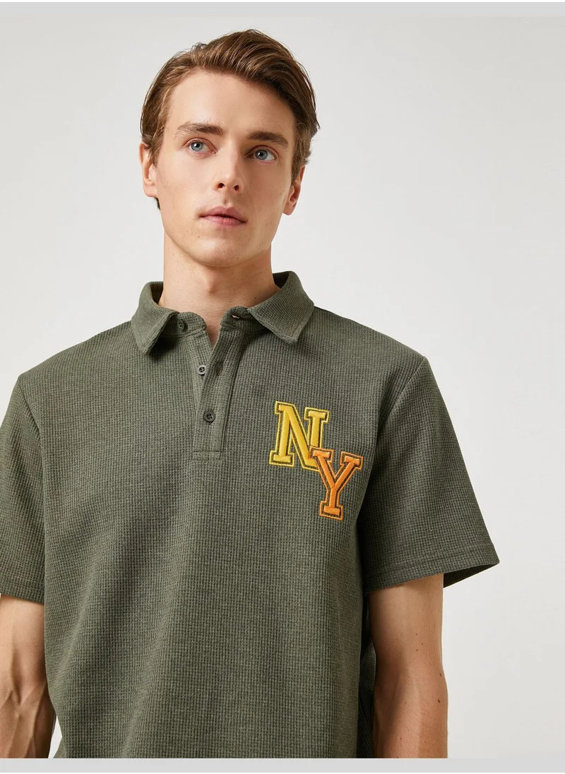 KOTON Varsity T-Shirt Polo Neck Button Detailed Embroidered