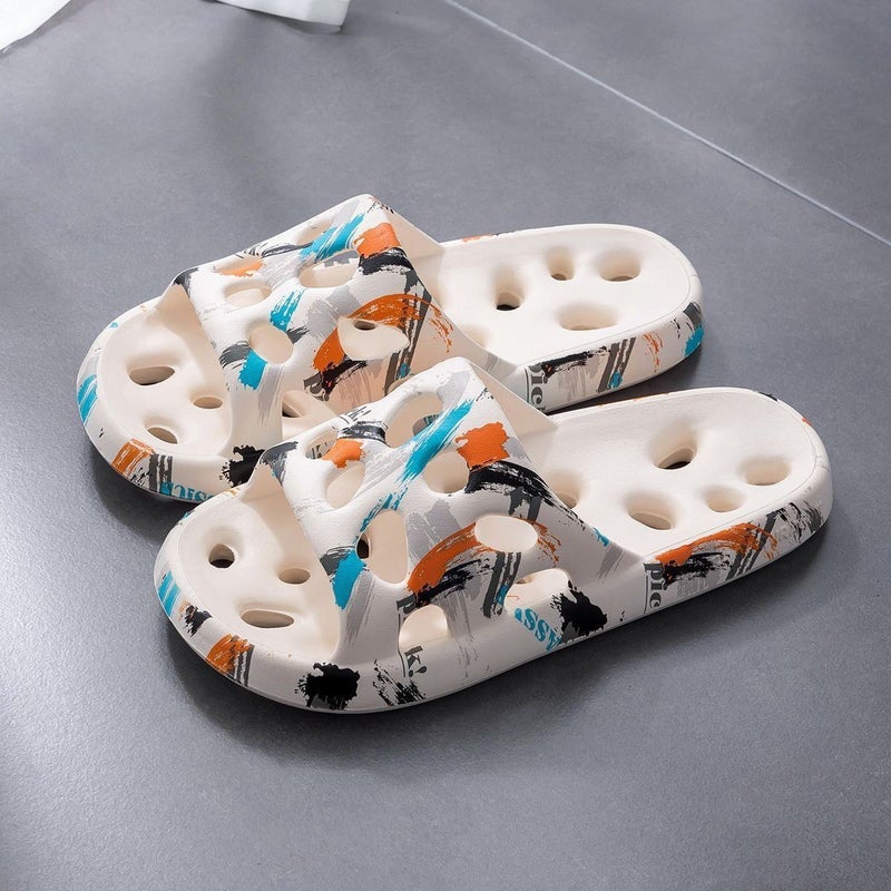 Bathroom Slippers Mens Simple Leakage Hollow Hotel Hotel Couple Bath Toilet Soft Bottom Non-Slip Sandals for Women White graffiti - Image 1