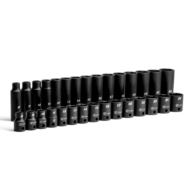 Capri Tools 3/8-Inch Drive Shallow and Deep Impact Socket Set, Metric, 8 to 22 mm, Premium Chrome Molybdenum Steel, 30-Piece