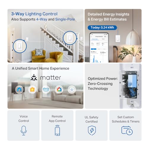 tapo TP-Link Tapo Smart Switch, Single-Pole/3-Way/4-Way, Matter Compatible, Energy Monitoring, Neutral Wire Required, Works with Alexa, Siri, Google Home, SmartThings, UL Certified, 2.4GHZ Wi-Fi, Tapo S515 - Image 2