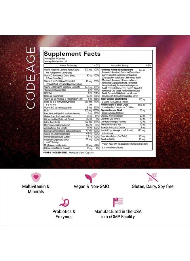 Codeage Women's Daily Multivitamin, 25+ Vitamins & Minerals, Fermented, Organic Whole Foods, Probiotics Supplement - Vitamin A, Vitamin B, Vitamins C, D, E & K, Omega 3, Zinc – Vegan - 120 Capsules  - Image 2