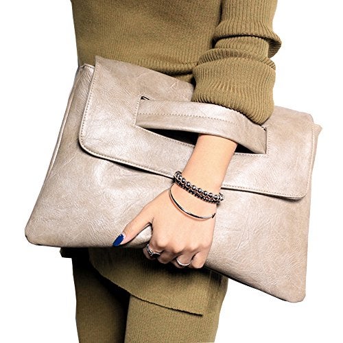 NIGEDU Women Handbags PU Leather Female Clutch Handbag Messenger Bag Large Solid High Capacity (Khaki) - Image 2