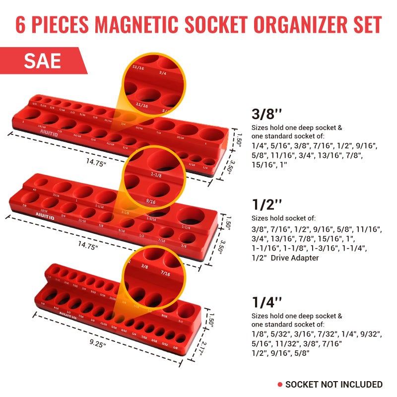 AIUITIO 6-Piece Magnetic Socket Organizer Set, Magnetic Socket Holder Includes 1/4", 3/8", 1/2" Drive Metric SAE Socket Trays,Holds Standard and Deep Sockets (6-Piece Magnetic Socket Organizer) - Image 4