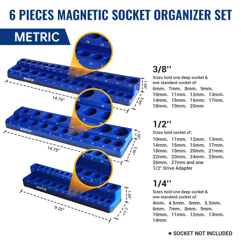 AIUITIO 6-Piece Magnetic Socket Organizer Set, Magnetic Socket Holder Includes 1/4", 3/8", 1/2" Drive Metric SAE Socket Trays,Holds Standard and Deep Sockets (6-Piece Magnetic Socket Organizer) - Image 5