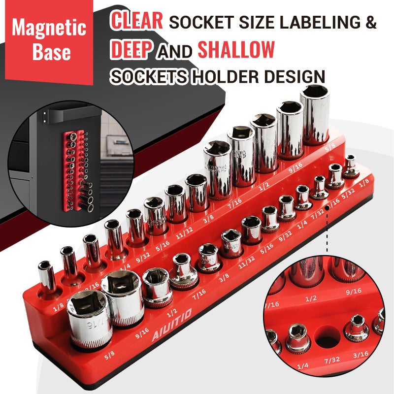 AIUITIO 6-Piece Magnetic Socket Organizer Set, Magnetic Socket Holder Includes 1/4", 3/8", 1/2" Drive Metric SAE Socket Trays,Holds Standard and Deep Sockets (6-Piece Magnetic Socket Organizer) - Image 2