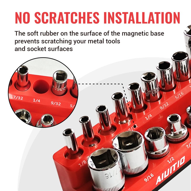 AIUITIO 6-Piece Magnetic Socket Organizer Set, Magnetic Socket Holder Includes 1/4", 3/8", 1/2" Drive Metric SAE Socket Trays,Holds Standard and Deep Sockets (6-Piece Magnetic Socket Organizer) - Image 3
