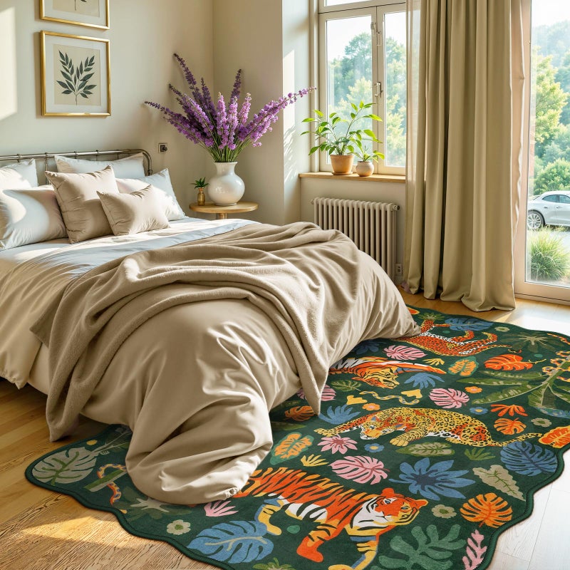 LEEVAN Jungle Animal Nursery Rugs 5x7, Washable Green Tiger Living Room Rugs Non Slip Scalloped Tiger Bedroom Rug, Low Pile Leopard Floor Carpet Leaf Print Kids Rug - Image 2