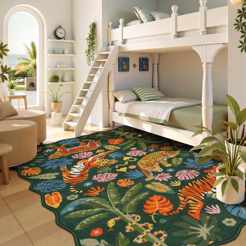 LEEVAN Jungle Animal Nursery Rugs 5x7, Washable Green Tiger Living Room Rugs Non Slip Scalloped Tiger Bedroom Rug, Low Pile Leopard Floor Carpet Leaf Print Kids Rug - Image 3