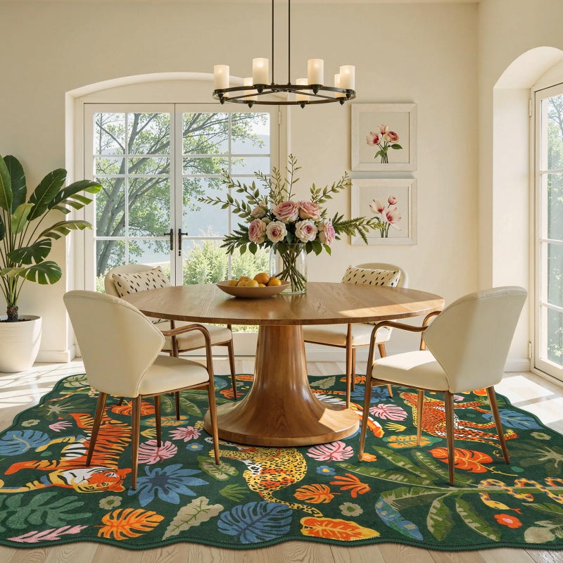 LEEVAN Jungle Animal Nursery Rugs 5x7, Washable Green Tiger Living Room Rugs Non Slip Scalloped Tiger Bedroom Rug, Low Pile Leopard Floor Carpet Leaf Print Kids Rug - Image 5