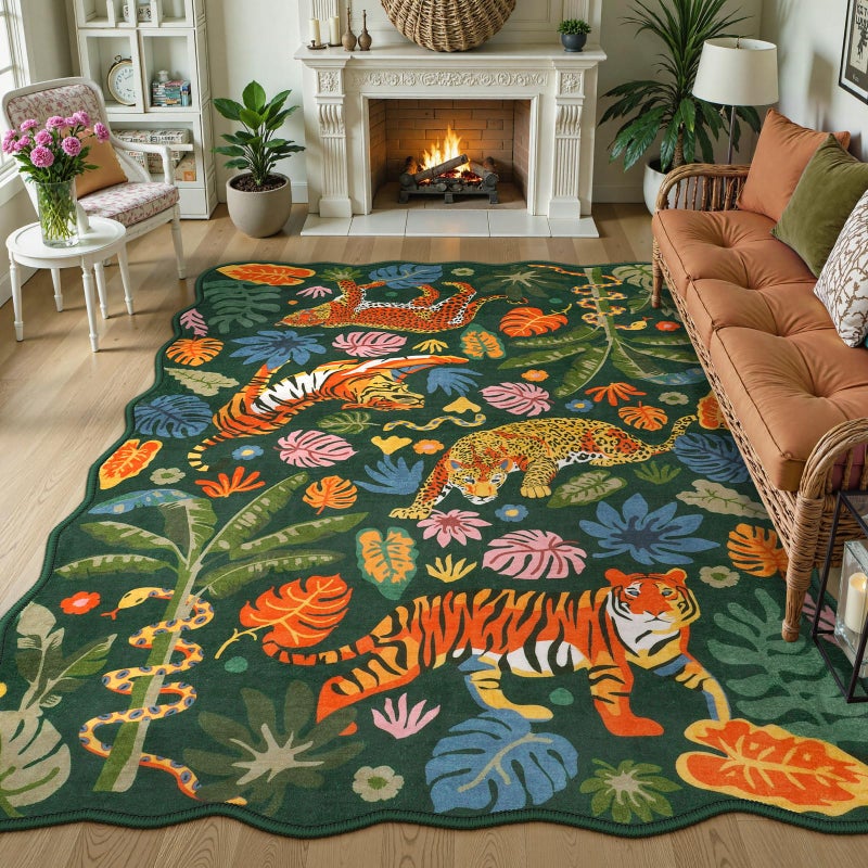 LEEVAN Jungle Animal Nursery Rugs 5x7, Washable Green Tiger Living Room Rugs Non Slip Scalloped Tiger Bedroom Rug, Low Pile Leopard Floor Carpet Leaf Print Kids Rug - Image 1