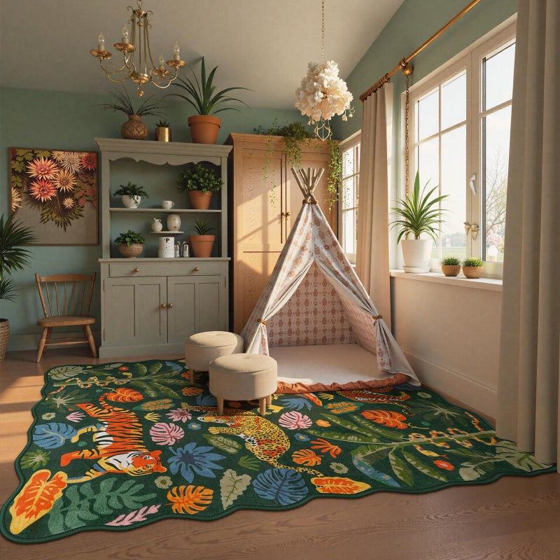 LEEVAN Jungle Animal Nursery Rugs 5x7, Washable Green Tiger Living Room Rugs Non Slip Scalloped Tiger Bedroom Rug, Low Pile Leopard Floor Carpet Leaf Print Kids Rug - Image 4