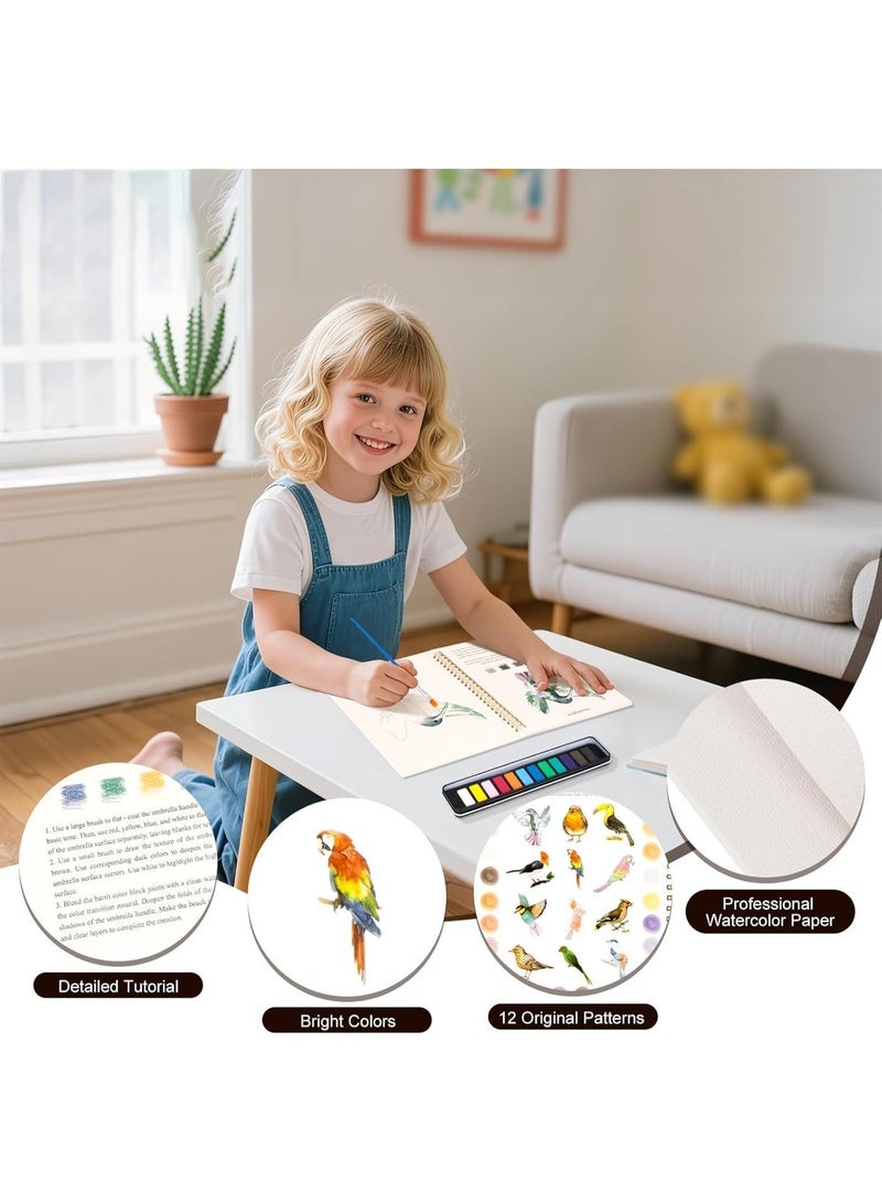 Watercolor Workbooks for Beginners, Step Instructions with Lightly Illustrated Sketches, 12 Colors Watercolor Paint Set with Paint Brush 100lb Paper, 7”x9” Painting Book for Adults (Birds) - Image 4