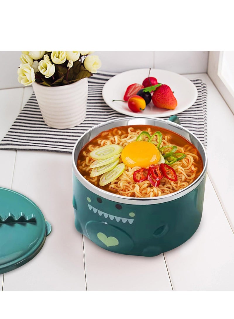 Lovely Dinosaur Stainless Steel Noodle Bowl, Noodle Bowl Lid and Handles, Ramen Bowl, Noodle Bowl, Soup Mug Bowl, Suitable for Soup Rice Cereal (Green) - Image 3