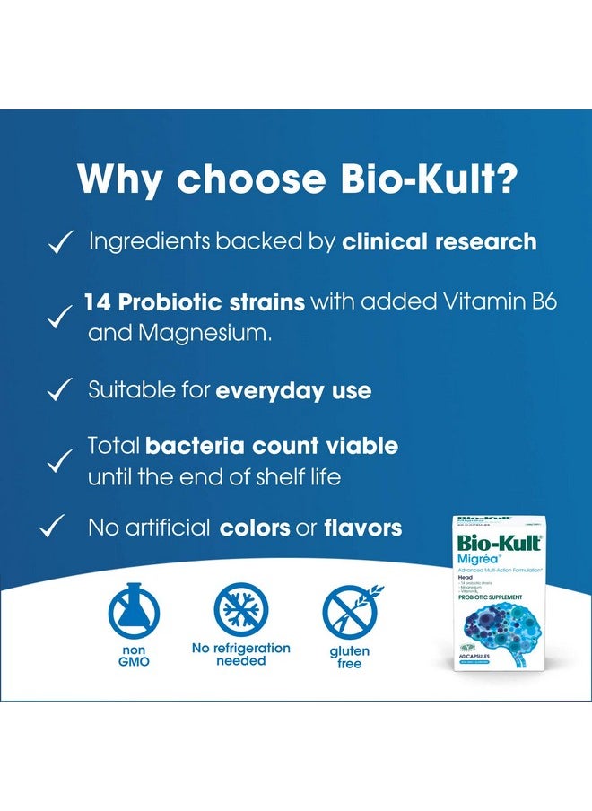 Bio-Kult Migréa Advanced Multistrain Probiotics With Magnesium Citrate Vitamin B6 60 Unflavored 60 Count  - Image 3
