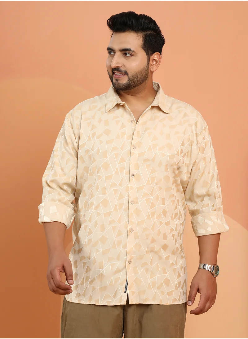 انستافاب بلس Instafab Plus Men's Ecru Beige Block Geometric-Veined Shirt For Casual Wear | Spread Collar | Long Cuffed Sleeves | Button Closure | Plus Size Shirt Crafted With Comfort Fit For Everyday Wear