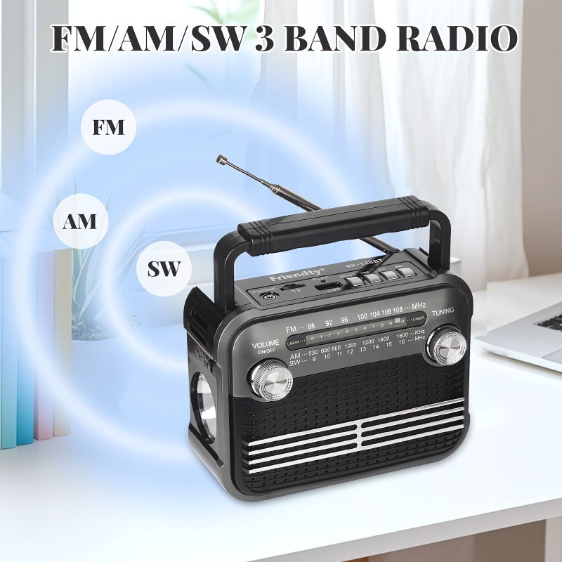 راديو محمول AM FM SW مع تشغيل بطاقة TF وUSB وبلوتوث، يعمل بالبطارية، ومصباح يدوي أزرق للاستخدام المنزلي والداخلي والخارجي - Image 3