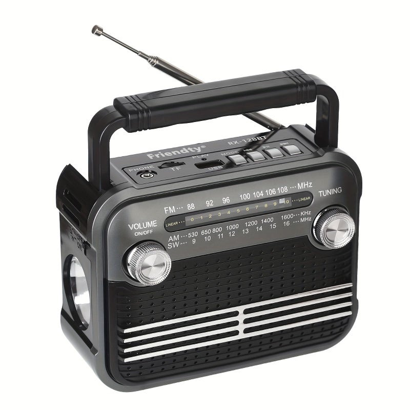 راديو محمول AM FM SW مع تشغيل بطاقة TF وUSB وبلوتوث، يعمل بالبطارية، ومصباح يدوي أزرق للاستخدام المنزلي والداخلي والخارجي - Image 1
