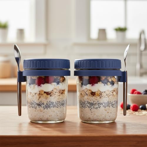Ash  Roh Ash & Roh 350 ml Overnight Oats Containers with Lids and Spoons, Glass Mason Jars for Overnight Oats Leak Proof Oatmeal Container Great for Cereal Fruit Vegetable Milk Salad Yogurt (Blue 2) - Image 1