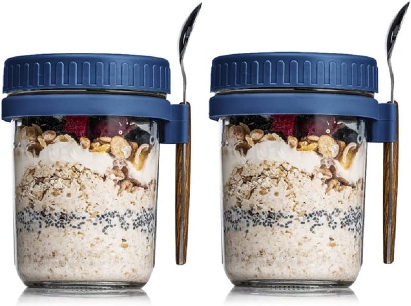 Ash  Roh Ash & Roh 350 ml Overnight Oats Containers with Lids and Spoons, Glass Mason Jars for Overnight Oats Leak Proof Oatmeal Container Great for Cereal Fruit Vegetable Milk Salad Yogurt (Blue 2) - Image 3