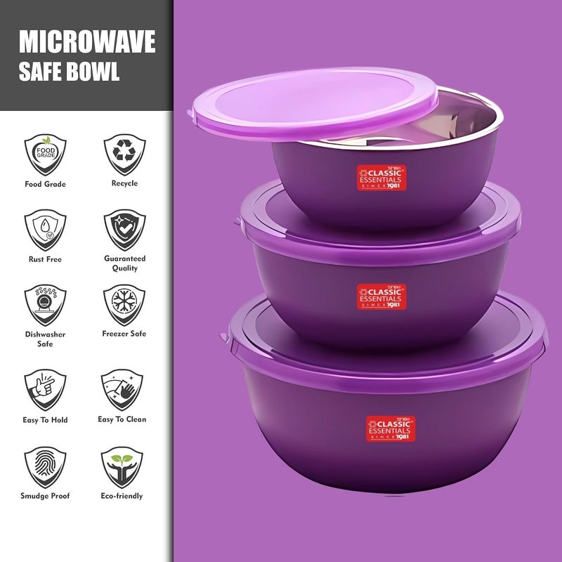 CLASSIC ESSENTIALS Stainless Steel Microwave Safe Mixing Bowls Set with Lid Food Serving and Storage Containers for You Modern Kitchen (CE-MSB-3Purple) - Image 5