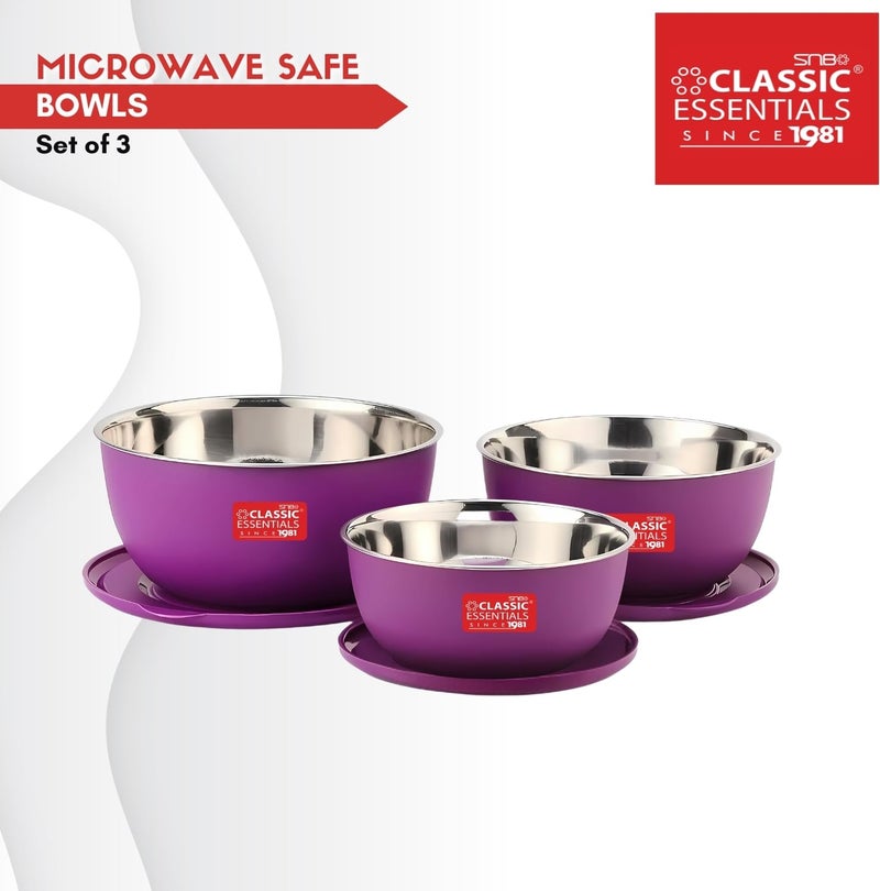 CLASSIC ESSENTIALS Stainless Steel Microwave Safe Mixing Bowls Set with Lid Food Serving and Storage Containers for You Modern Kitchen (CE-MSB-3Purple) - Image 2