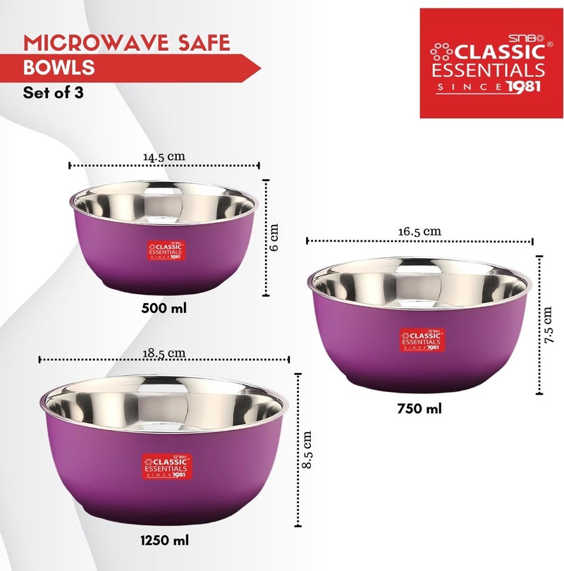 CLASSIC ESSENTIALS Stainless Steel Microwave Safe Mixing Bowls Set with Lid Food Serving and Storage Containers for You Modern Kitchen (CE-MSB-3Purple) - Image 3