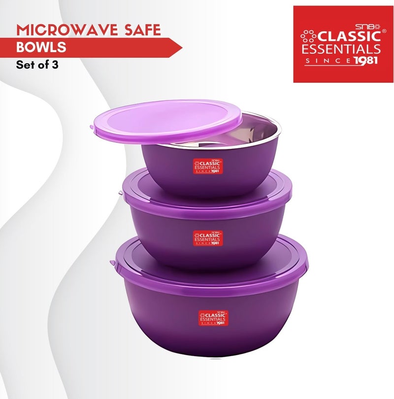 CLASSIC ESSENTIALS Stainless Steel Microwave Safe Mixing Bowls Set with Lid Food Serving and Storage Containers for You Modern Kitchen (CE-MSB-3Purple) - Image 4