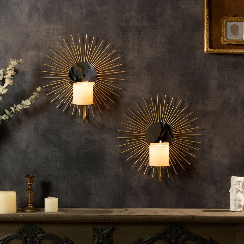 AIM & GGKK Wall Candle Sconce Holder,Set of 2 Mirror Wall Mounted Metal Candle Holder for Home,Living Room, Dining Room,Rustic Farmhouse Boho Decorations - Image 1