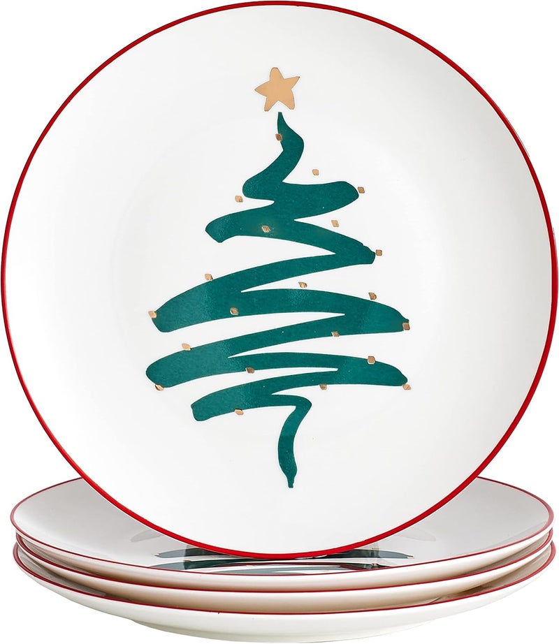 Swuut Christmas Holiday Bone China Dinner Plates  Dessert Plates  Salad Plates Set of 4Dishwasher Safe Tree 10 inch - Image 1